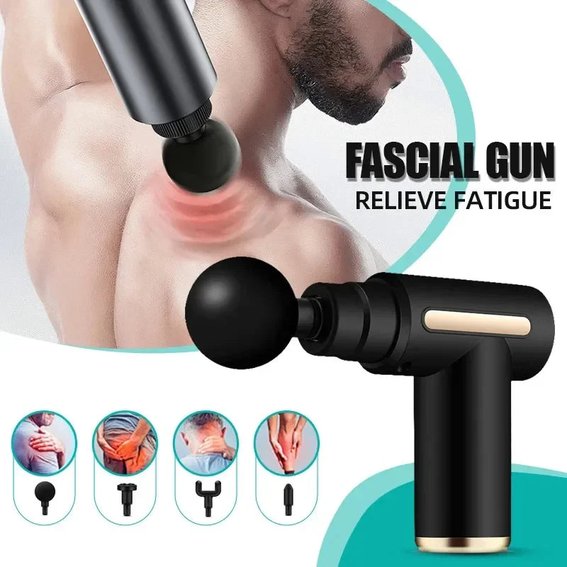 Deep tissue massage gun helping to relieve fatigue and muscle tension with interchangeable attachments for targeted relief.
