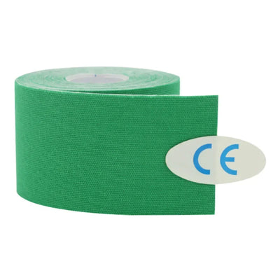 Green kinesiology tape roll labeled CE for facial skin care, lifting, and wrinkle removal. Ideal protective bandage for skin.