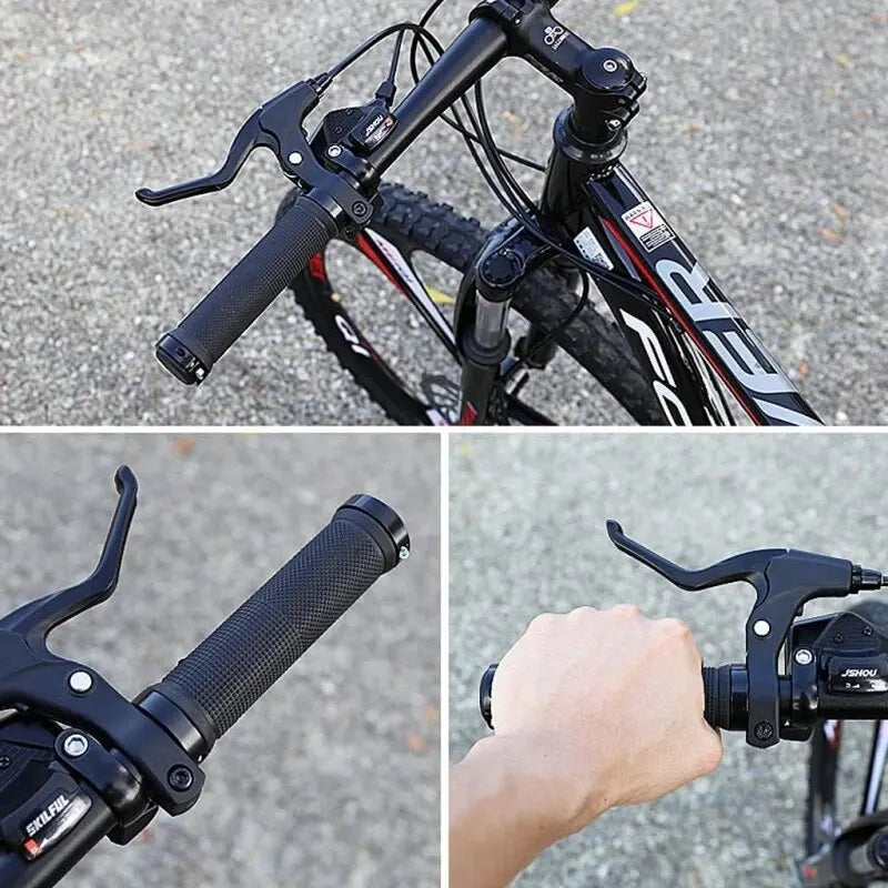Non-slip rubber bike grips with double lock-on design on alloy handlebars, ideal for cycling stability and comfort.
