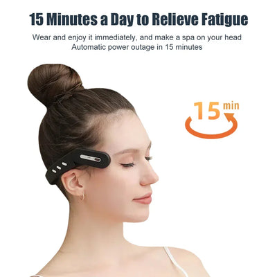 Woman using wireless head massager for 15 minutes to relieve fatigue and enjoy soothing therapy.