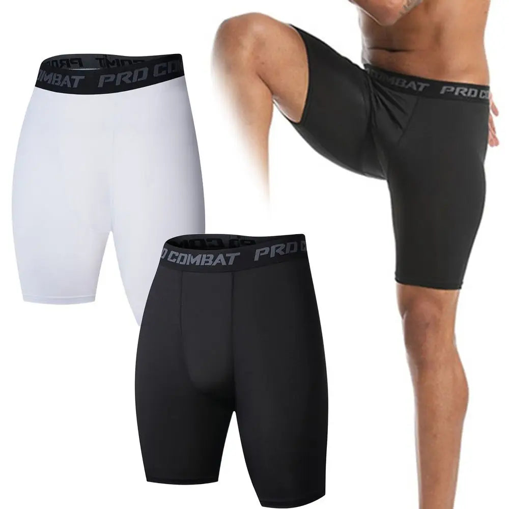 Men's compression shorts in black and white, spandex material, designed for athletic performance and workouts.