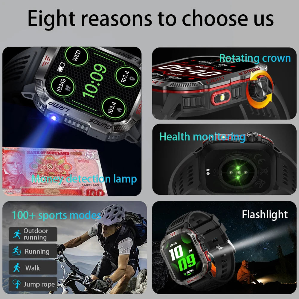 Military GPS smartwatch features: health monitoring, flashlight, and 100+ sports modes for active adults.