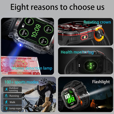 Military GPS smartwatch features: health monitoring, flashlight, and 100+ sports modes for active adults.