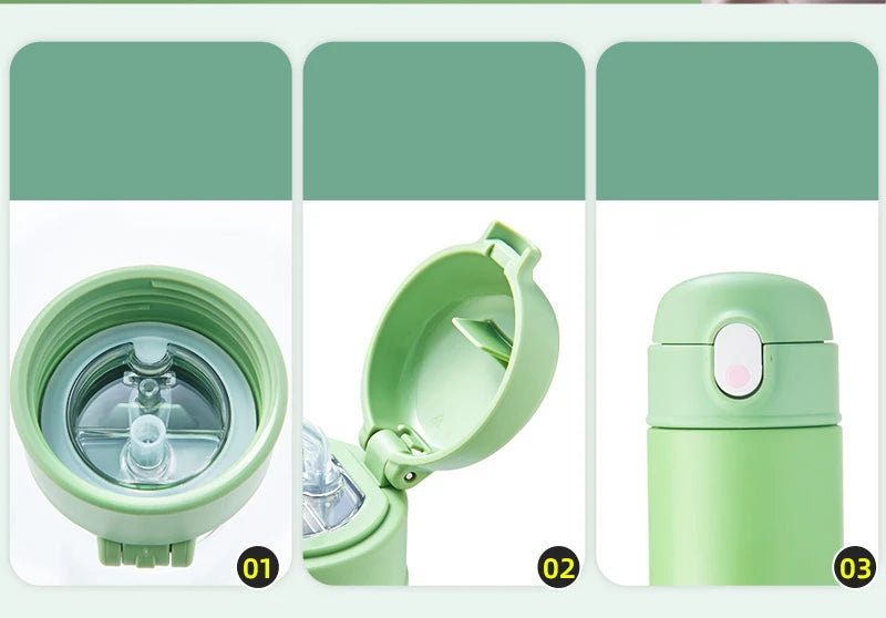 GIANXI Bouncing Straw Thermos stainless steel insulated water bottle, showcasing collapsible straw and lid.