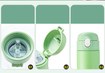 GIANXI Bouncing Straw Thermos stainless steel insulated water bottle, showcasing collapsible straw and lid.