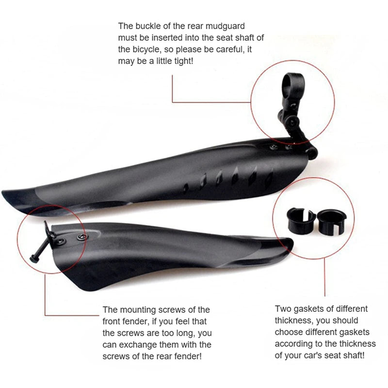 Bicycle fenders made of PP soft plastic for splash protection, showing installation details and mounting options.