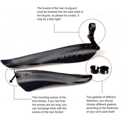 Bicycle fenders made of PP soft plastic for splash protection, showing installation details and mounting options.