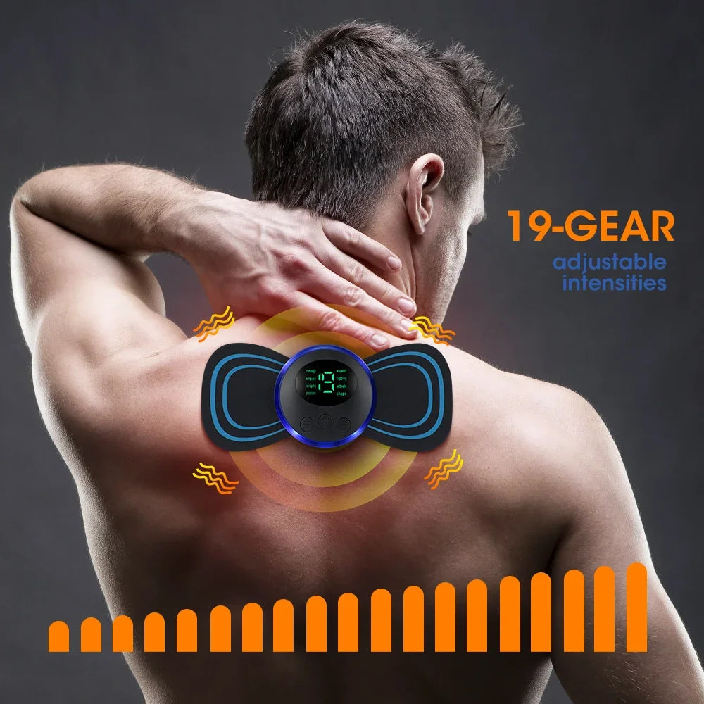 Electric EMS neck and muscle massager with 19 adjustable intensities for pain relief on a man's back.