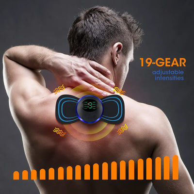 Man using Electric EMS Neck & Muscle Massager with 19 adjustable intensities on his back for pain relief.