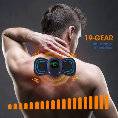 Electric EMS neck and muscle massager with 19 adjustable intensities for pain relief on a man's back.