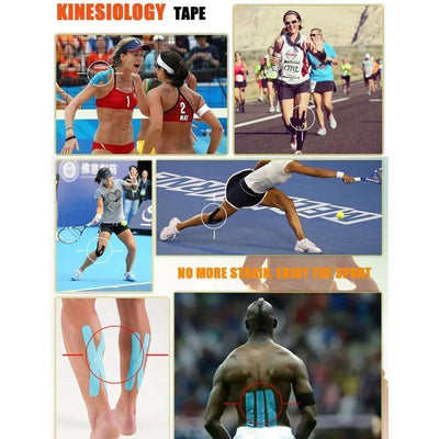 Collage showcasing kinesiology tape applications in sports, highlighting benefits for athletes and injury prevention.