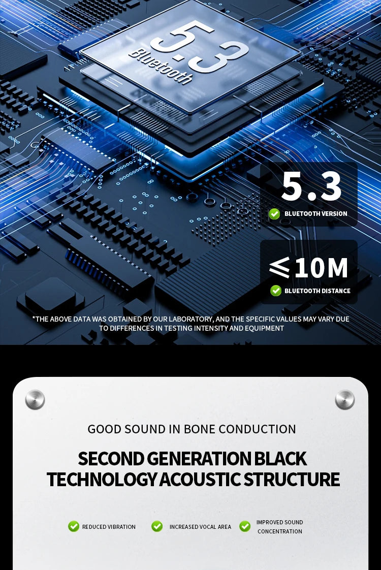 Bluetooth 5.3 technology graphic for bone conduction earphones with sound features and specifications.
