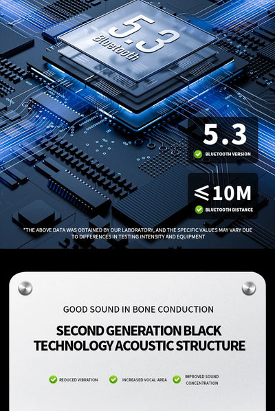 Bluetooth 5.3 technology graphic for bone conduction earphones with sound features and specifications.