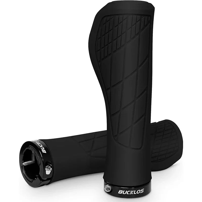 BUCKLOS MTB handlebar grips in soft black rubber with ergonomic design and aluminum lock rings.
