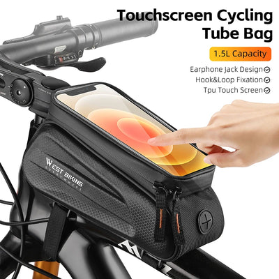 WEST BIKING 7" waterproof bike phone bag with touchscreen, 1.5L capacity, earphone jack and hook&loop fixation.