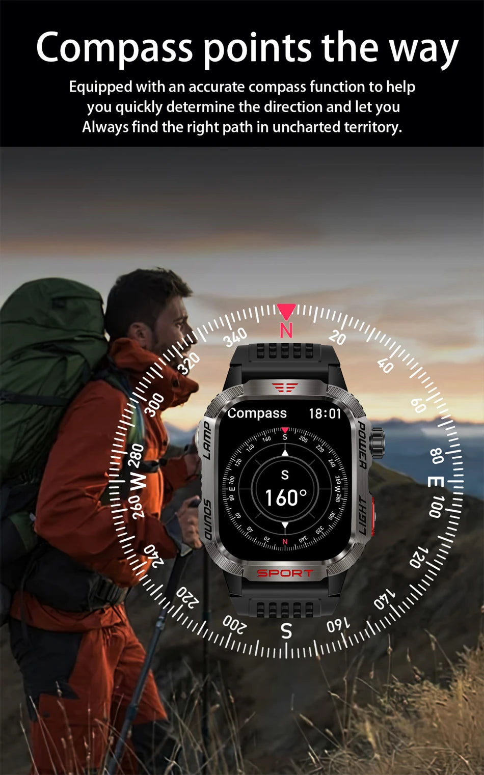 Military GPS smart watch featuring a compass for navigation in outdoor adventures.