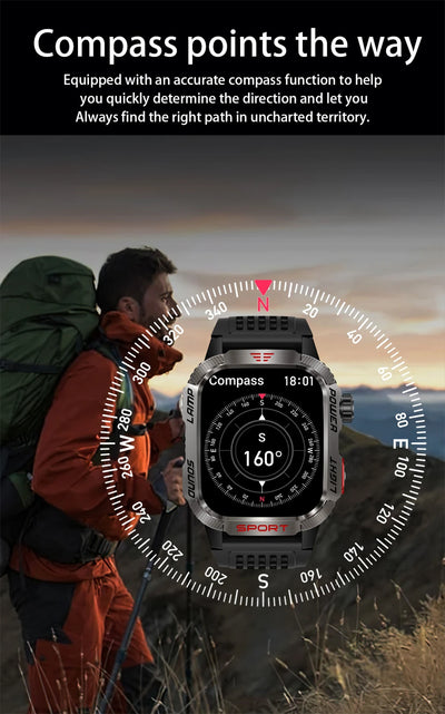 Military GPS smart watch featuring a compass for navigation in outdoor adventures.
