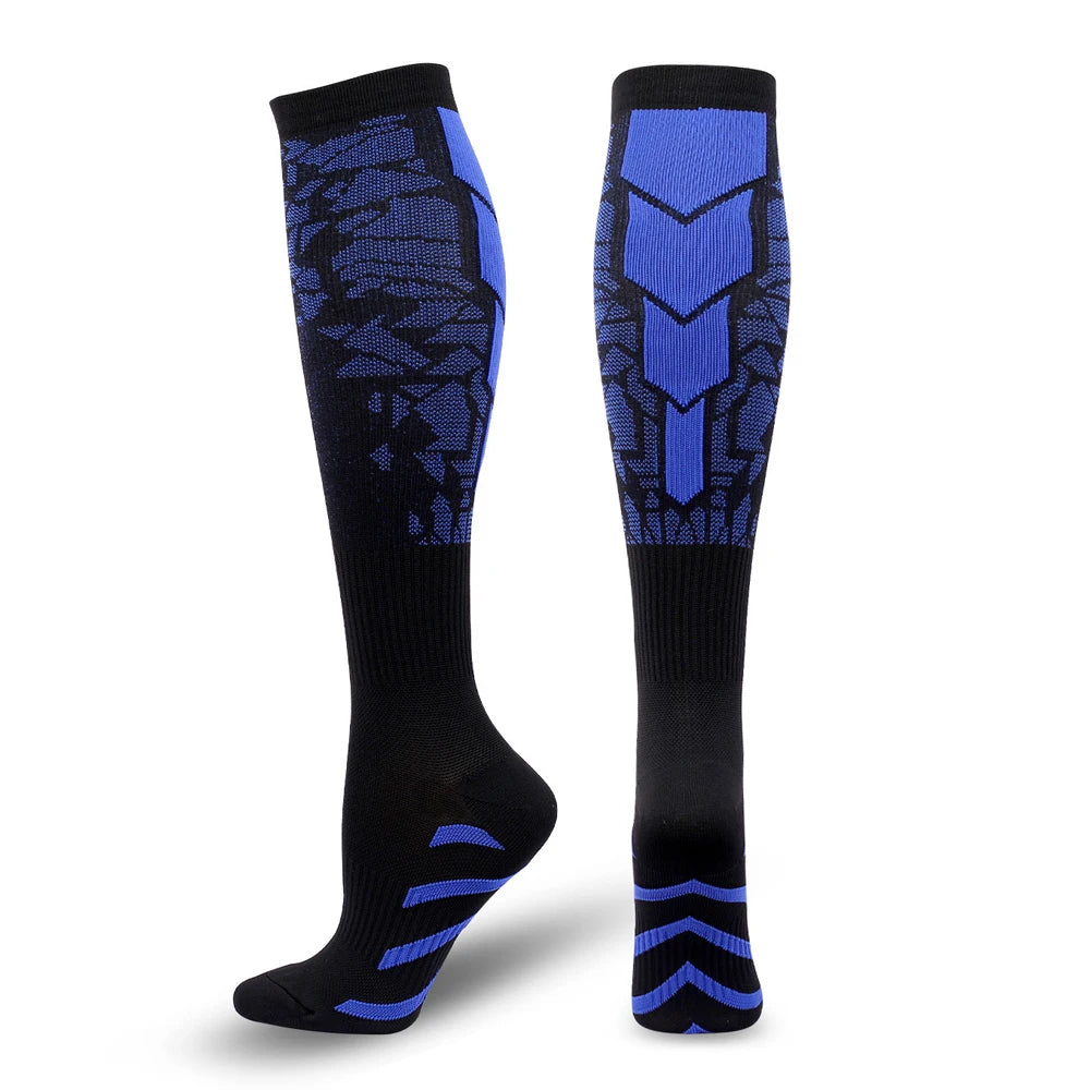 Compression socks for men and women in black and blue design, providing calf support for running and sports activities.