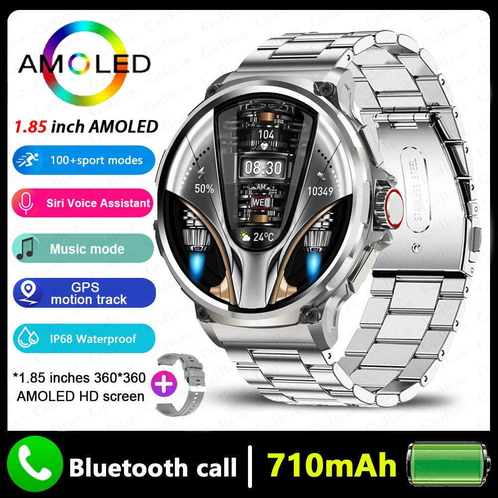 GPS Smart Watch for Men with 1.85" AMOLED screen, Bluetooth call, 710mAh battery, and stainless steel band.