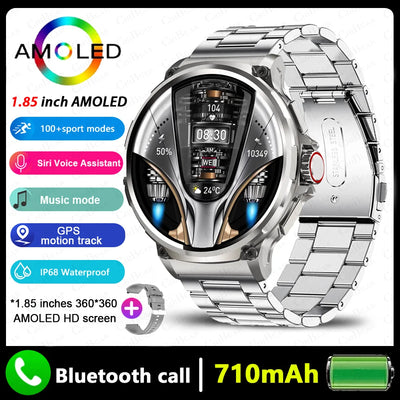 GPS Smart Watch for Men with 1.85" AMOLED screen, Bluetooth call, 710mAh battery, and stainless steel band.