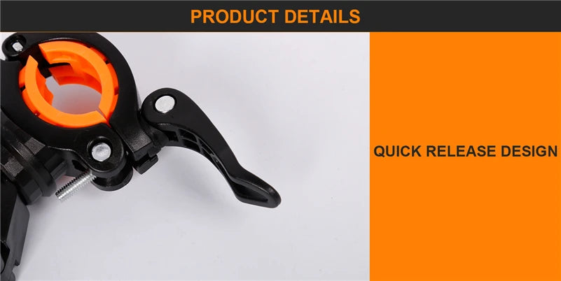 Close-up of West Biking 360° Rotatable bike light bracket showcasing quick release design in black and orange.