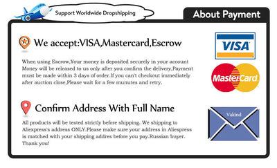 Payment options and shipping instructions for dropshipping including Visa, MasterCard, and Escrow.