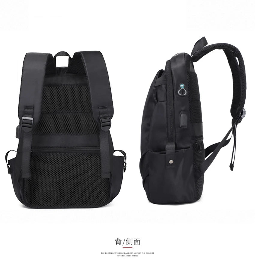 Black unisex backpack with mesh back and side view, perfect for students and travelers.