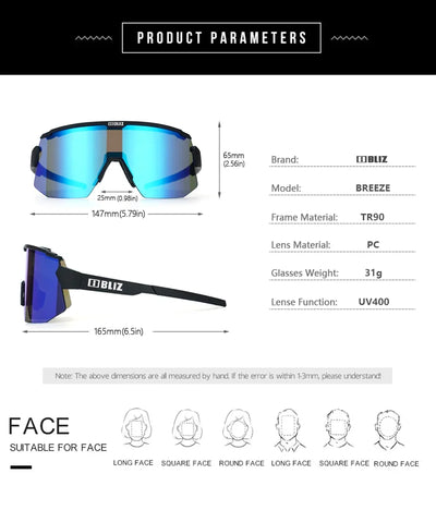 BLIZ Breeze polarized cycling glasses with UV400 protection, TR90 frame, suitable for various face shapes.