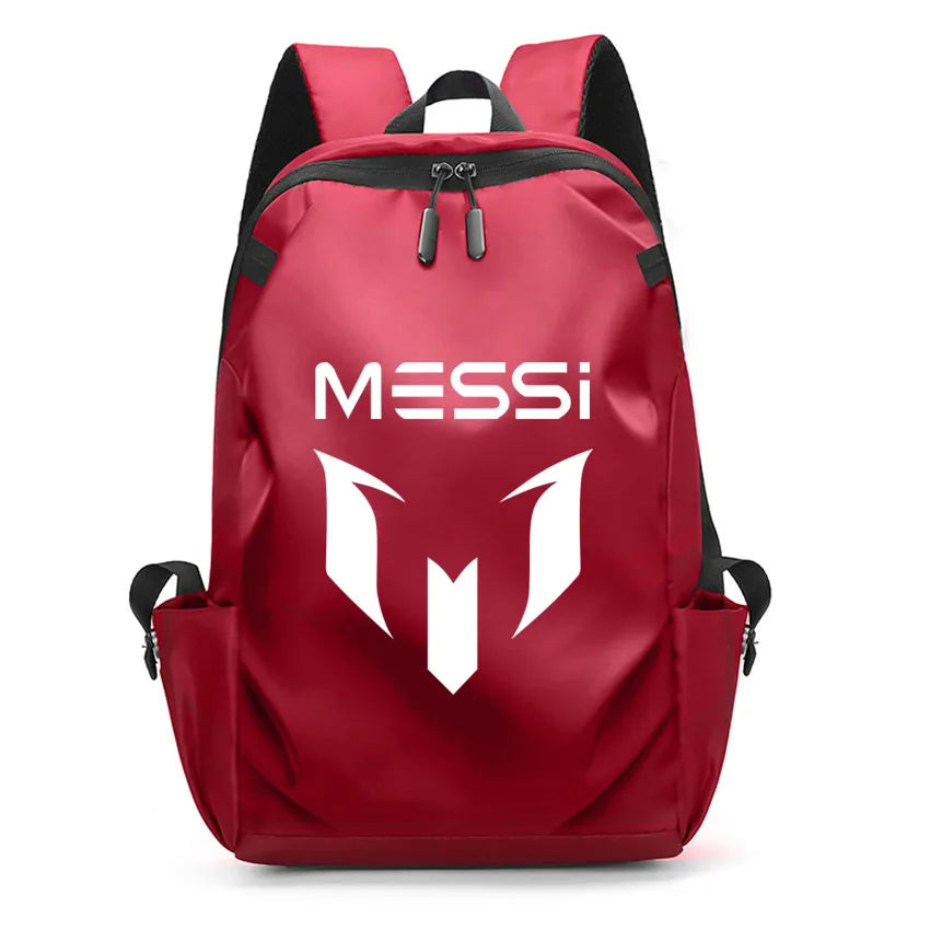 Red MESSI backpack with logo, suitable for unisex college students and teens, stylish and functional design.
