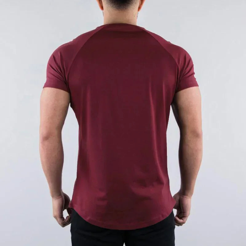 Men's plain burgundy cotton short sleeve workout shirt, perfect for gym and bodybuilding activities.