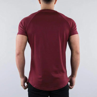 Men's plain burgundy cotton short sleeve workout shirt, perfect for gym and bodybuilding activities.