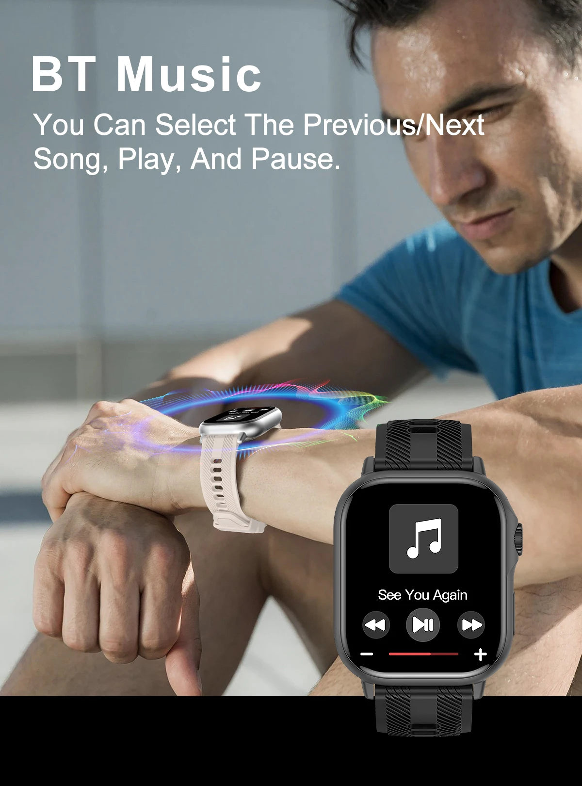 2025 waterproof smart watch displaying music controls, featuring BT music options on a user's wrist.