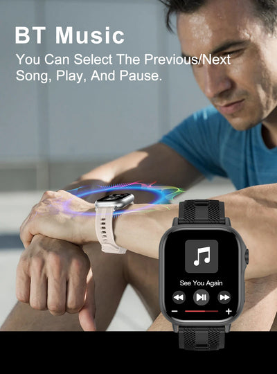 2025 waterproof smart watch displaying music controls, featuring BT music options on a user's wrist.