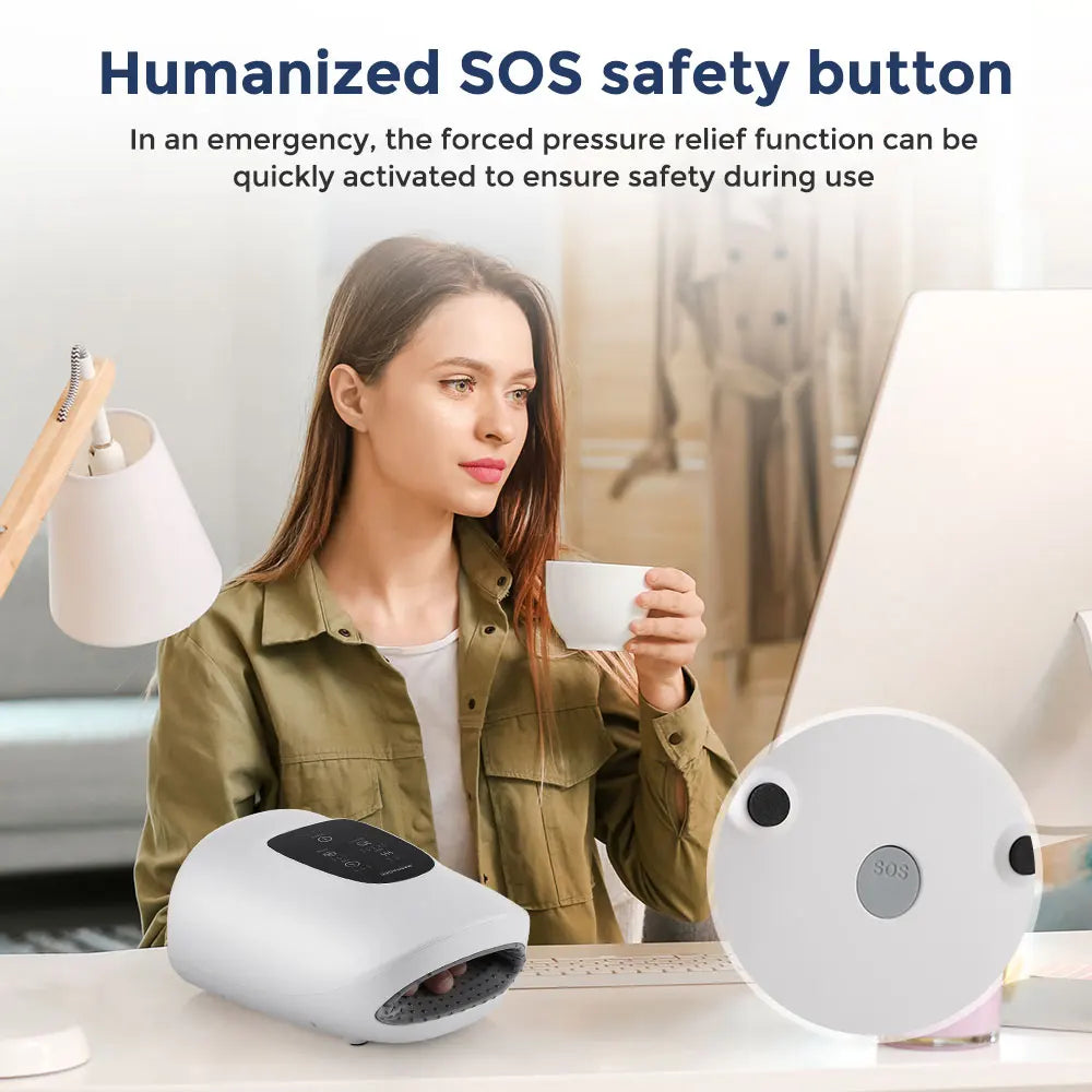Woman using electric hand massager with SOS safety button for emergency pressure relief and relaxation.