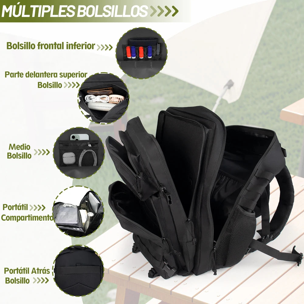Black tactical backpack with multiple pockets for organization, ideal for hiking and outdoor activities.