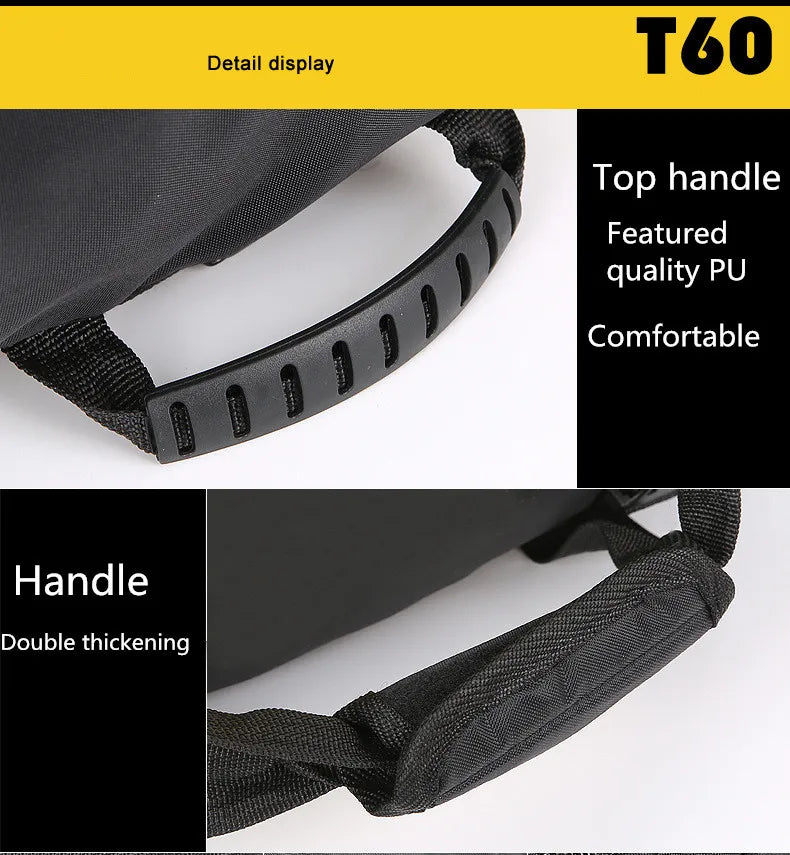 Close-up of the gym bag's durable top and double-thickened handle showcasing its quality PU material.