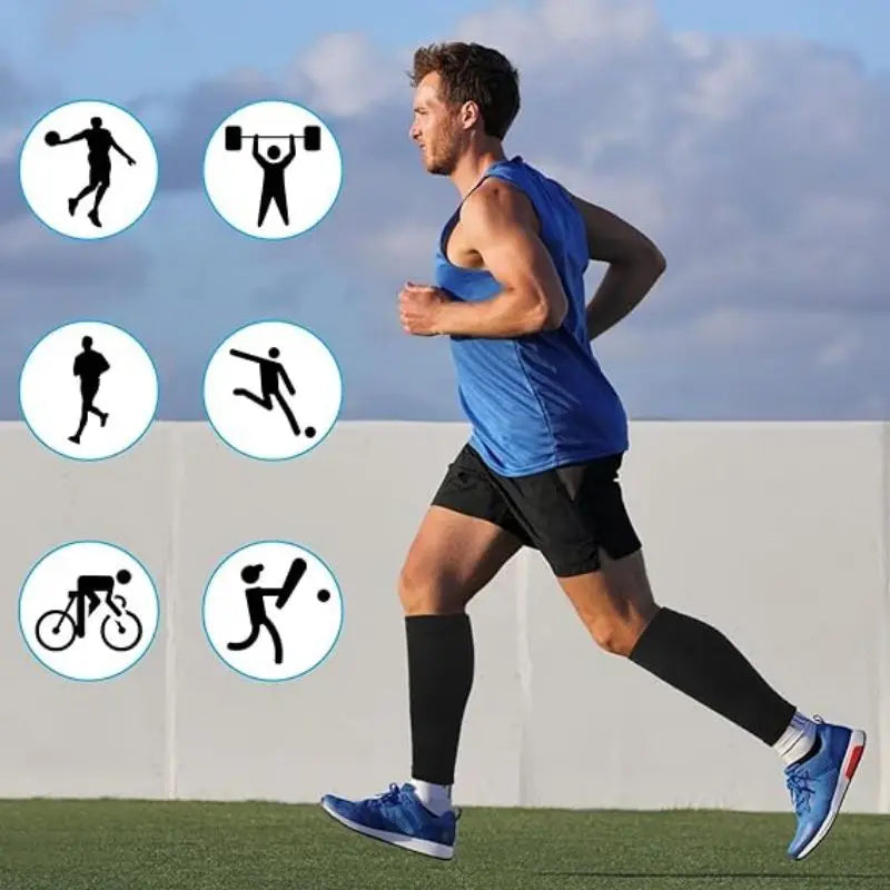 Man running outdoors wearing compression calf sleeves; icons represent various sports activities.