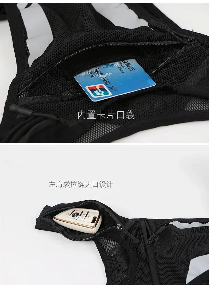 Close-up of the interior pockets of a reflective running vest backpack, featuring card holder and zipper design.