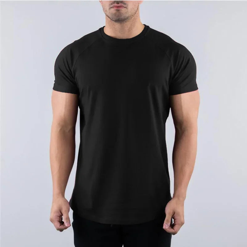Plain black cotton short sleeve shirt for men, perfect for gym workouts and bodybuilding fitness activities.