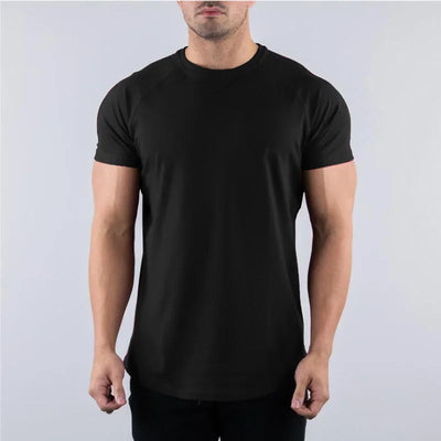 Plain black cotton short sleeve shirt for men, perfect for gym workouts and bodybuilding fitness activities.