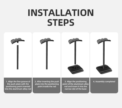 Installation steps for a universal headphone stand showcasing assembly process with clear instructions.