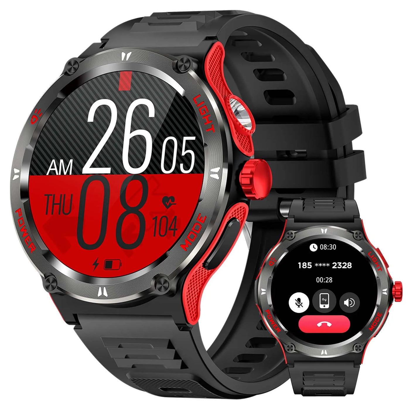 LaNikar Smart Watch duo in black and red, displaying time, heart rate, and fitness tracking features.