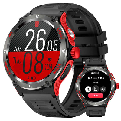 LaNikar Smart Watch duo in black and red, displaying time, heart rate, and fitness tracking features.