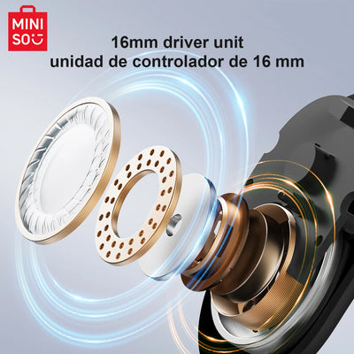 MINISO MS162 Bluetooth earbuds 16mm driver unit showcasing sound technology and design features.