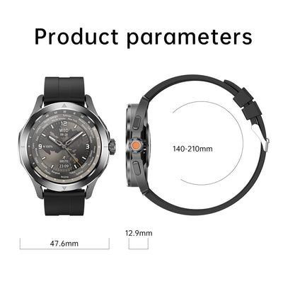 Xiaomi S4 Ultra Smartwatch dimensions showing 47.6mm case width and 12.9mm thickness with adjustable strap for wrists 140-210mm.