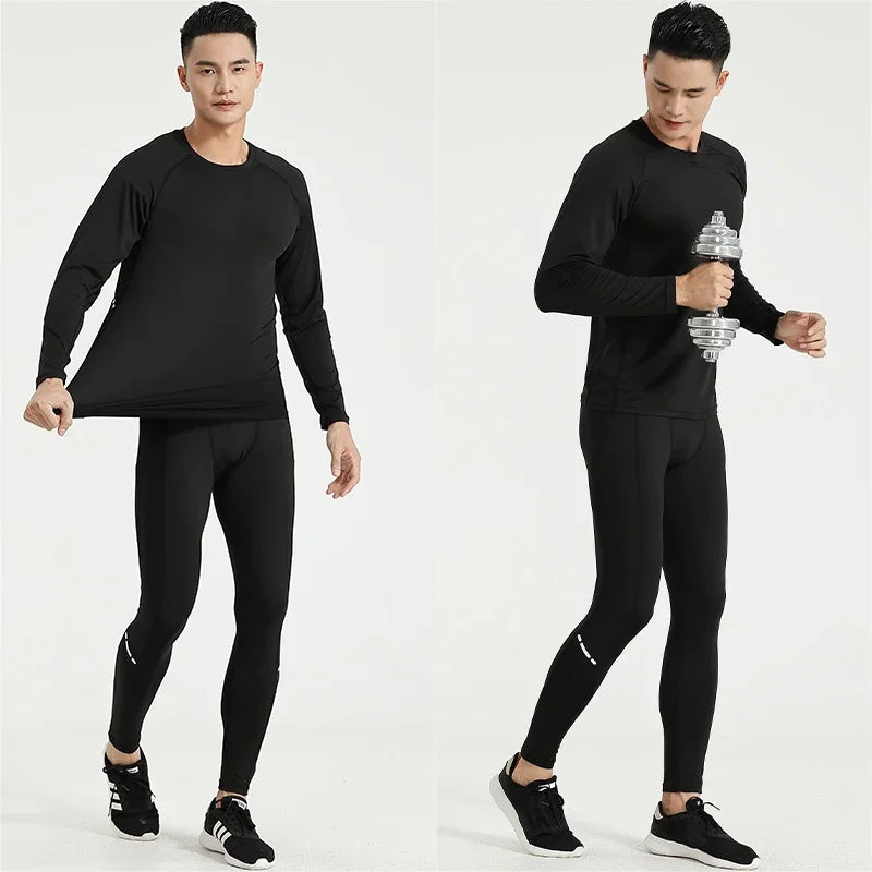 Men's compression sportswear set in black, featuring long sleeves and fitted pants, ideal for gym training and workouts.