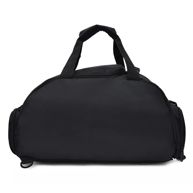 Waterproof gym bag in black, perfect for fitness, yoga, and outdoor sports; durable nylon material for active lifestyles.
