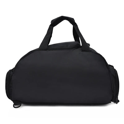 Waterproof gym bag in black, perfect for fitness, yoga, and outdoor sports; durable nylon material for active lifestyles.