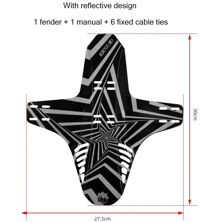 Reflective MTB bike mudguard fender featuring a star design, includes 1 fender, 1 manual, and 6 cable ties.