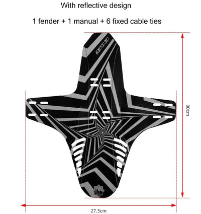 Reflective MTB bike mudguard fender featuring a star design, includes 1 fender, 1 manual, and 6 cable ties.